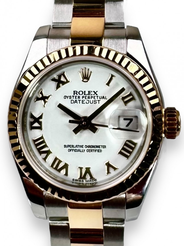 Rolex 179173 Yellow Gold & Steel on Jubilee, Fluted Bezel White with Goid Roman
