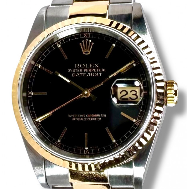 Rolex 16203 Yellow Gold & Steel on Oyster, Smooth Bezel Black with Gold Index