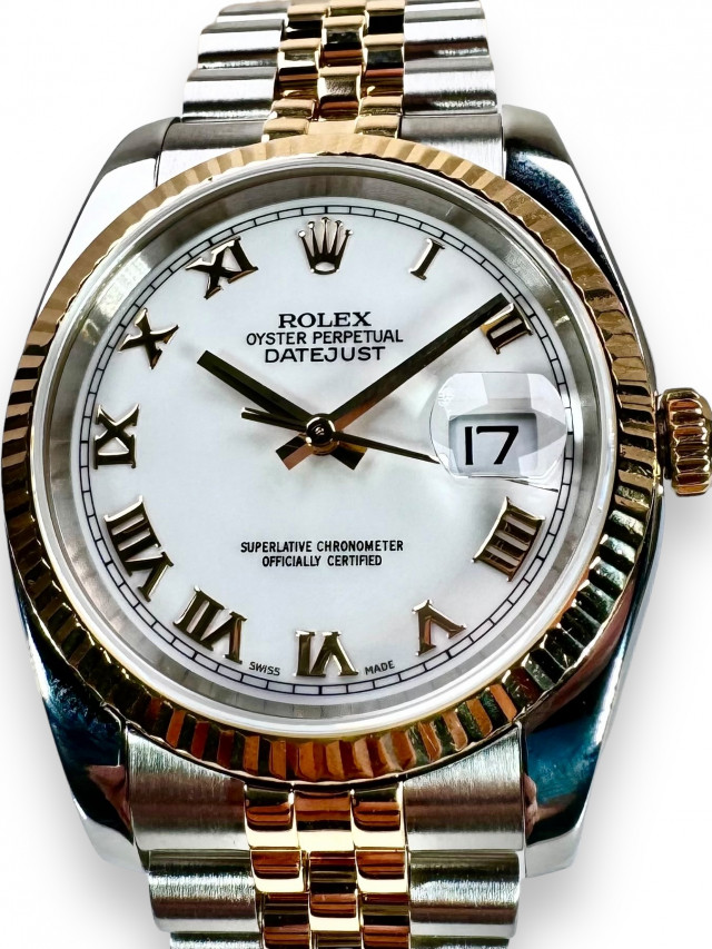 Rolex 116233 Yellow Gold & Steel on Jubilee, Fluted Bezel White with Gold Roman
