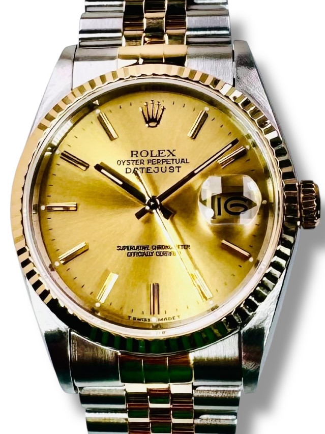 Rolex 16233 Yellow Gold & Steel on Jubilee, Fluted Bezel Silver with Gold Index