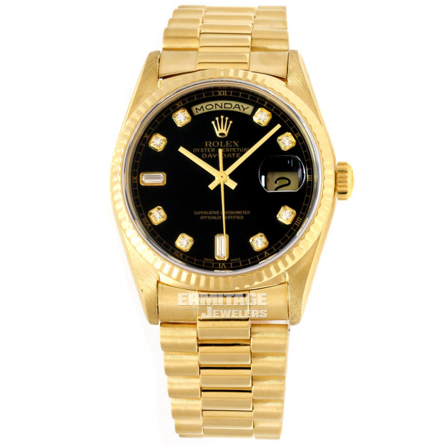 Rolex 18238 Yellow Gold on President, Fluted Bezel Black Diamond Dial