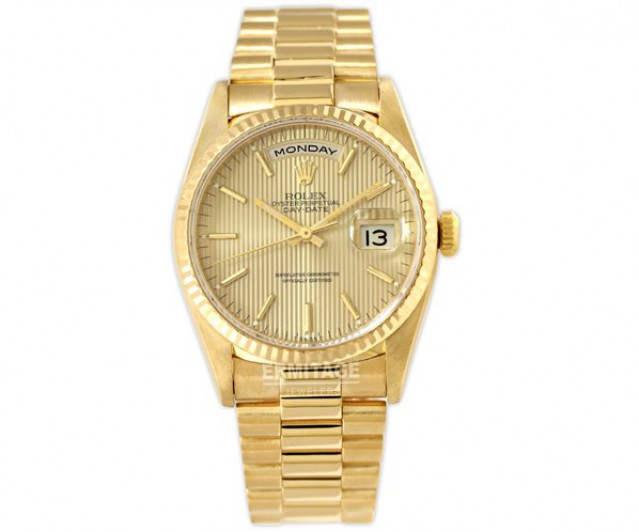 Rolex 18238 Yellow Gold on President, Fluted Bezel Champagne Tapestry with Gold Index