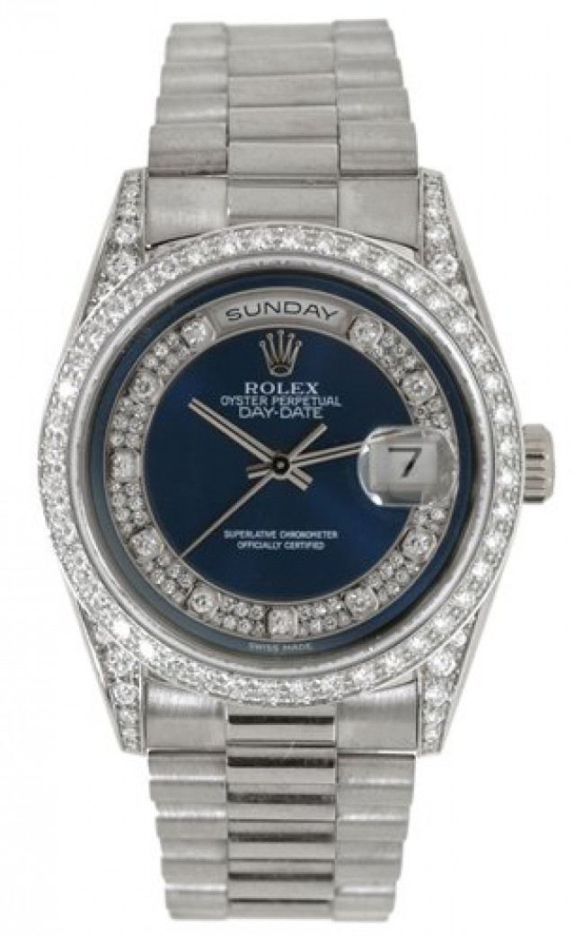 Rolex 18339 White Gold on President, Diamond Bezel Blue Diamond Dial