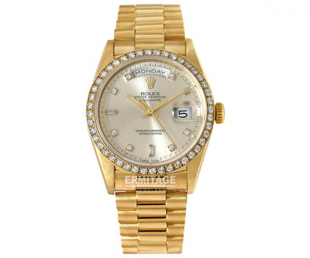 Rolex 18348 Yellow Gold on President, Diamond Bezel Steel Diamond Dial