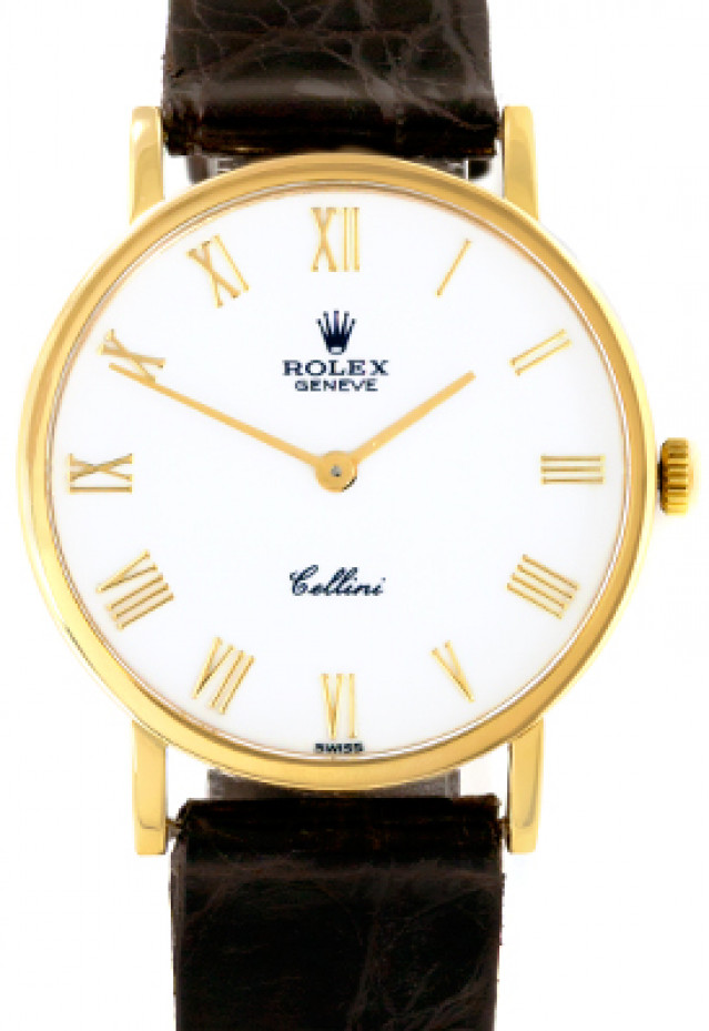 Rolex 5112 Yellow Gold on Strap White with Gold Roman