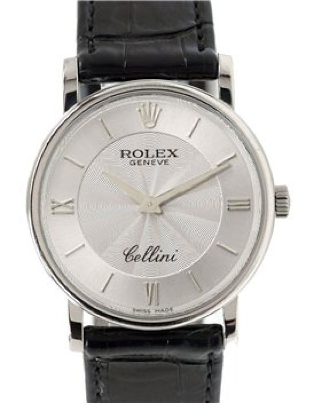 Rolex 5115 White Gold on Strap Steel Guilloche with Silver Index & Roman III & VI & IX