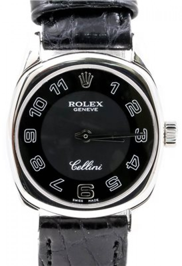 Rolex 6229 White Gold on Strap, Smooth Bezel Black with Arabic Black & Arabic Gold 6