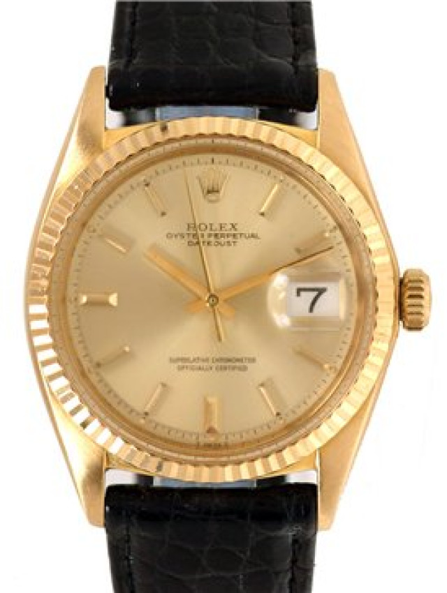 Rolex 1601 Yellow Gold on Strap, Fluted Bezel Champagne with Gold Index