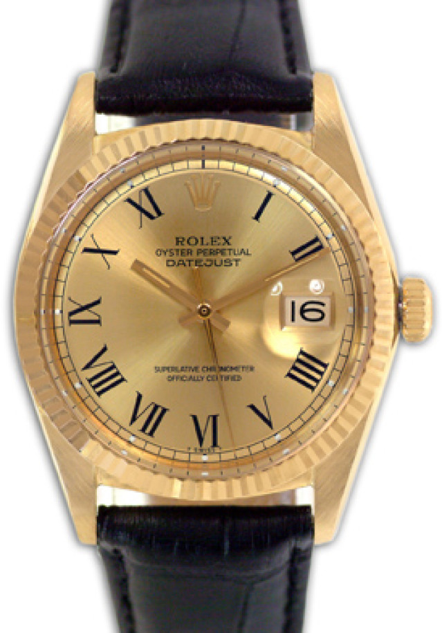 Rolex 1601 Yellow Gold on Strap, Fluted Bezel Champagne with Black Roman