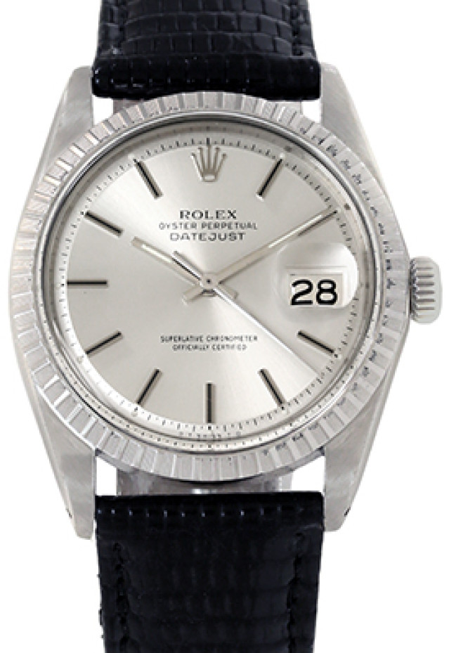 Rolex 1601 Steel on Strap, Finely Engine Turned Bezel Steel with Silver Index