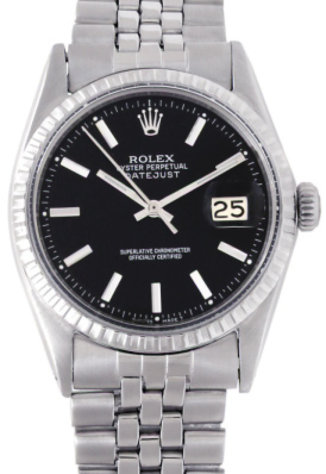 Rolex 1603 Steel on Jubilee, Engine Turned Bezel Black with Silver Index