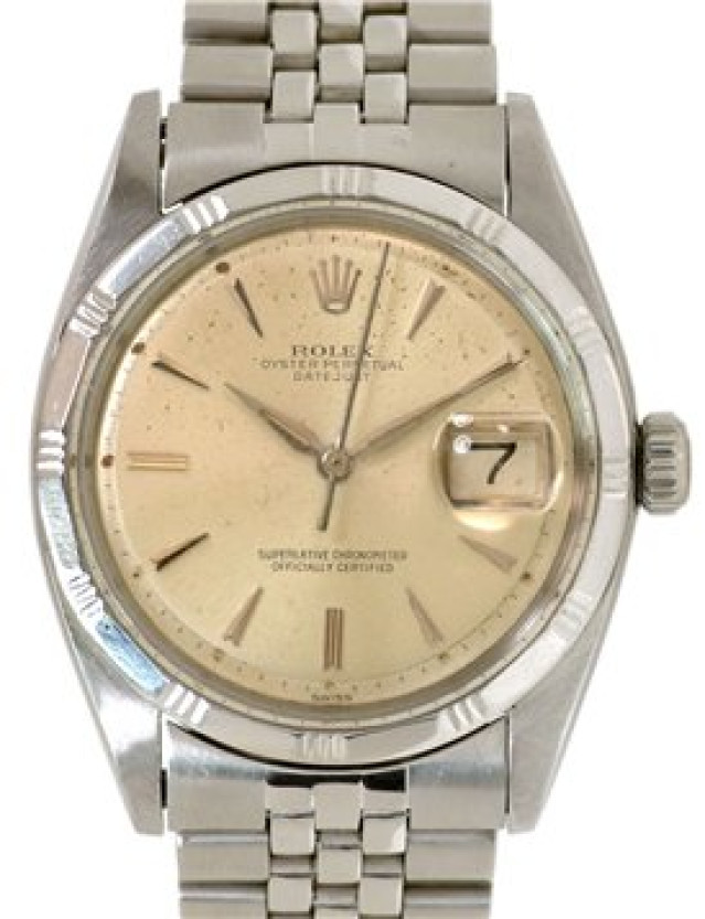 Rolex 1607 Steel on Jubilee, Engine Turned Bezel Steel with Gold Index