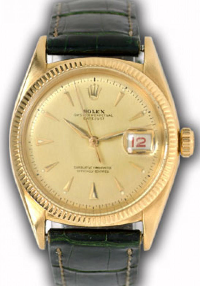 Rolex 6305 Yellow Gold on Strap, Fluted Bezel Champagne with Gold Index