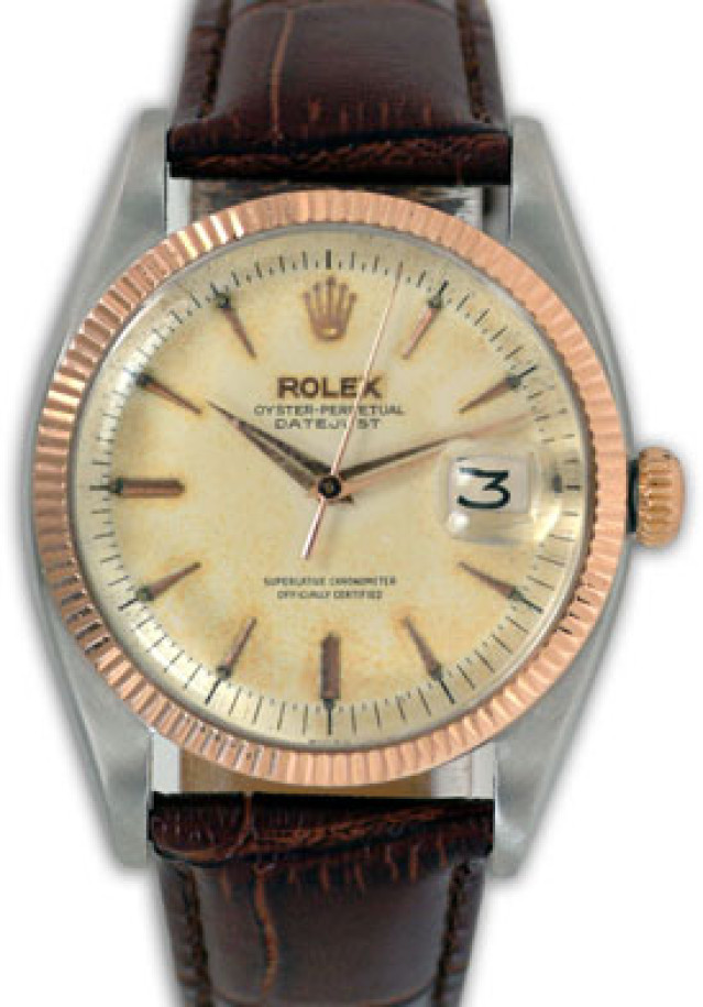 Rolex 6605 Rose Gold & Steel on Strap, Fluted Bezel Steel with Gold Index