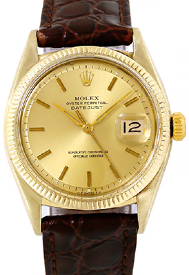 Rolex 6605 Yellow Gold on Strap, Fluted Bezel Champagne with Gold Index