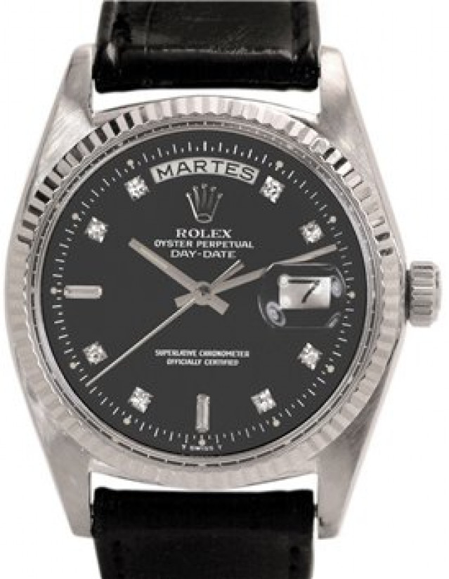 Rolex 1803 White Gold on Strap, Fluted Bezel Black Diamond Dial