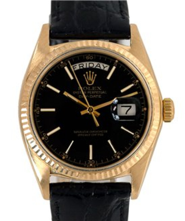 Rolex 1803 Yellow Gold on Strap, Fluted Bezel Black with Gold Index