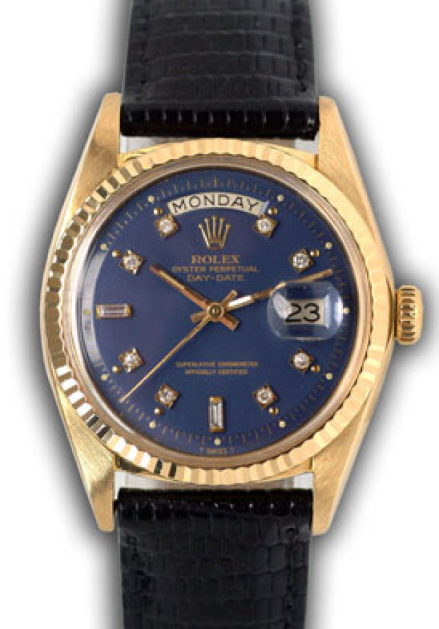 Rolex 1803 Yellow Gold on Strap, Fluted Bezel Blue Diamond Dial