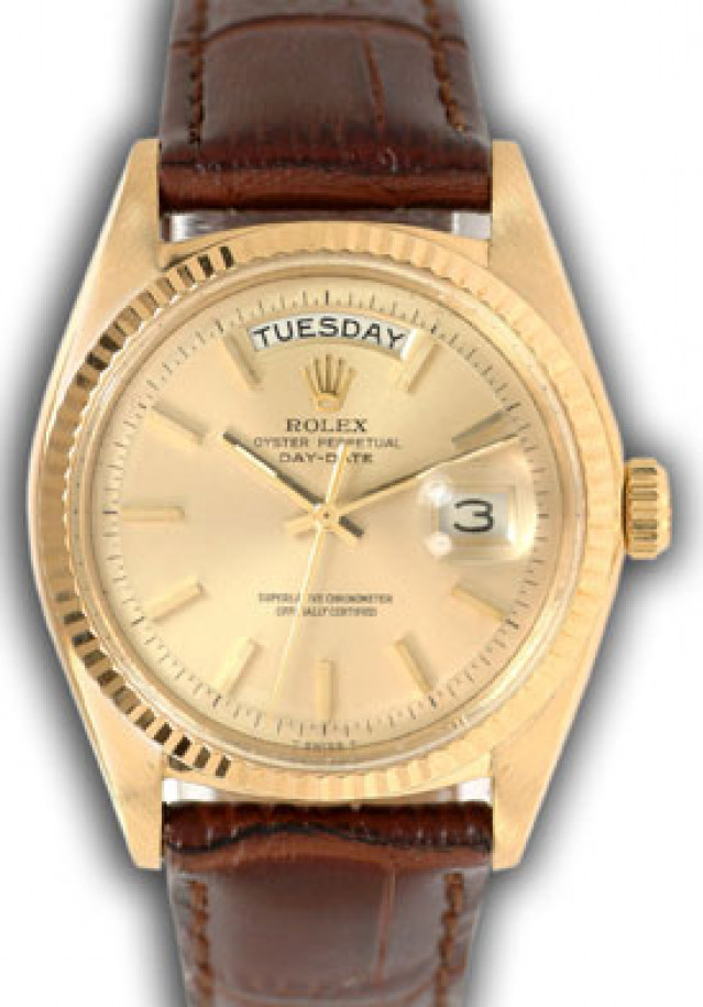 Rolex 1803 Yellow Gold on Strap, Fluted Bezel Champagne with Gold Index
