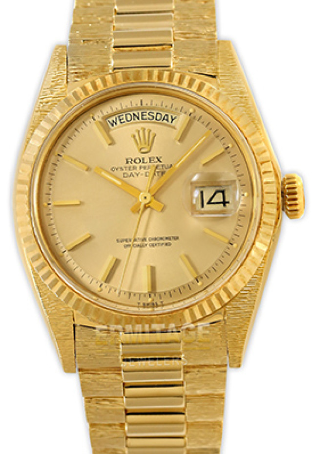 Rolex 1803 Yellow Gold on President With Bark Finish, Fluted Bezel Champagne with Gold Index
