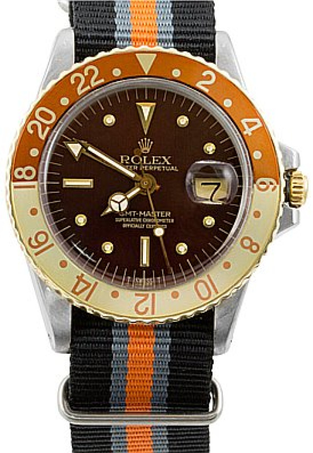 Rolex 1675 Steel on Strap, Root Beer Brown Nipple with Luminous Dots & Index