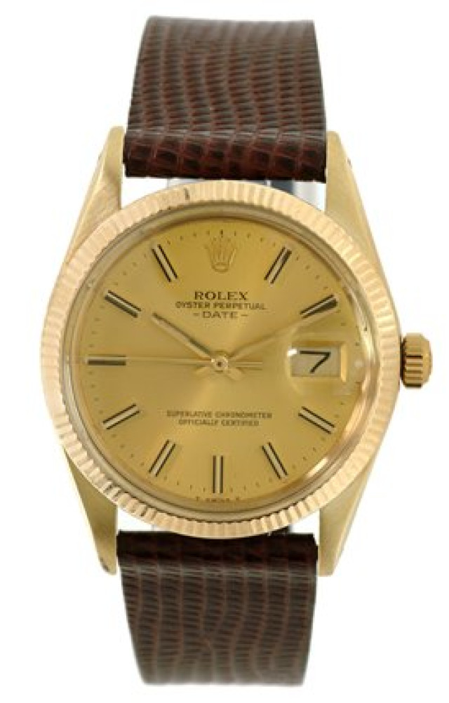 Rolex 15037 Yellow Gold on Strap, Fluted Bezel Champagne with Gold Index