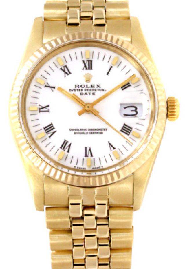Rolex 15037 Yellow Gold on Jubilee, Fluted Bezel White with Gold Index