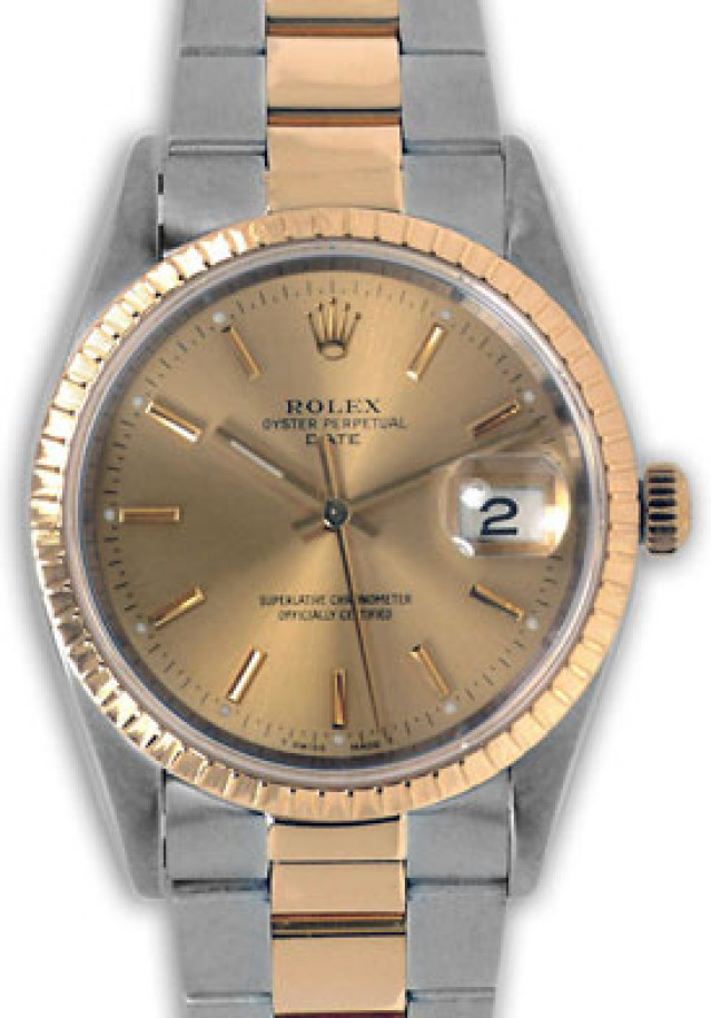 Rolex 15053 Yellow Gold & Steel on Oyster, Finely Engine Turned Bezel Champagne with Gold Index