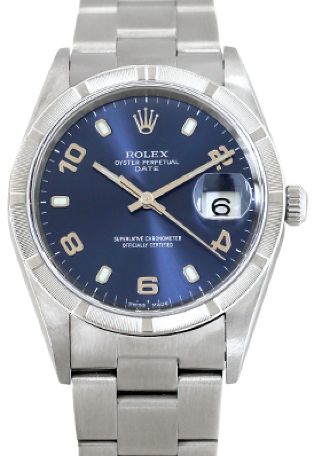 Rolex 15210 Steel on Oyster, Engine Turned Bezel Blue with Luminous Index & Gold Arabic 2-4-6-8-10