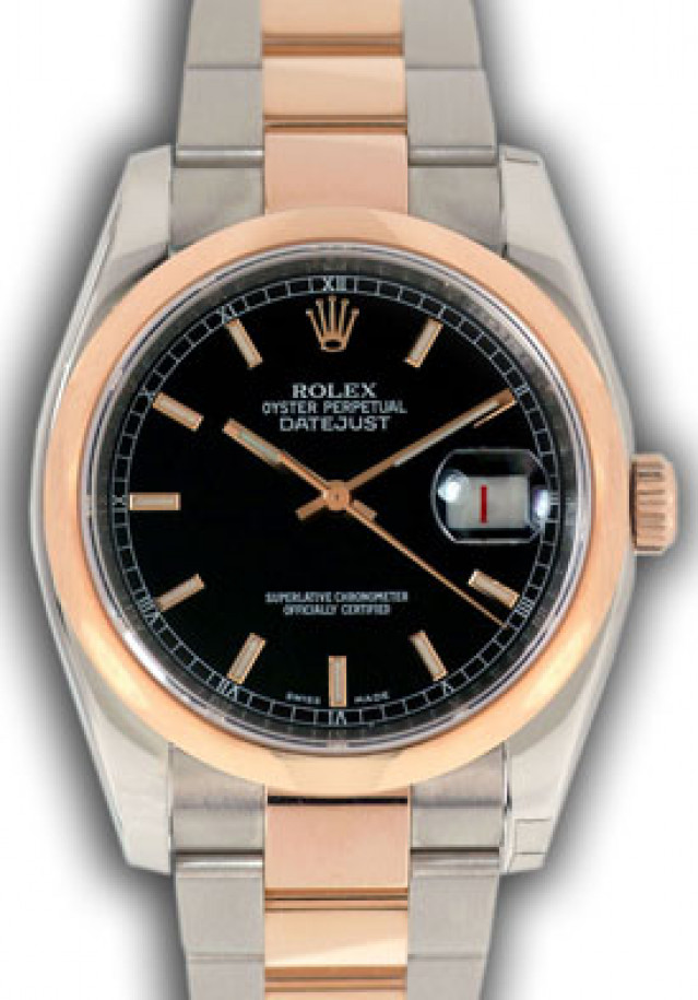 Rolex 116201 Rose Gold & Steel on Oyster, Smooth Bezel Black with Luminous Gold Index & White Roman