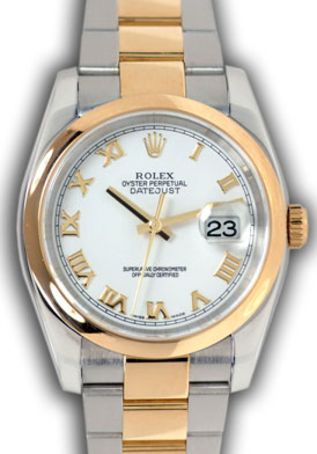Rolex 116203 Yellow Gold & Steel on Oyster, Smooth Bezel White with Gold Roman
