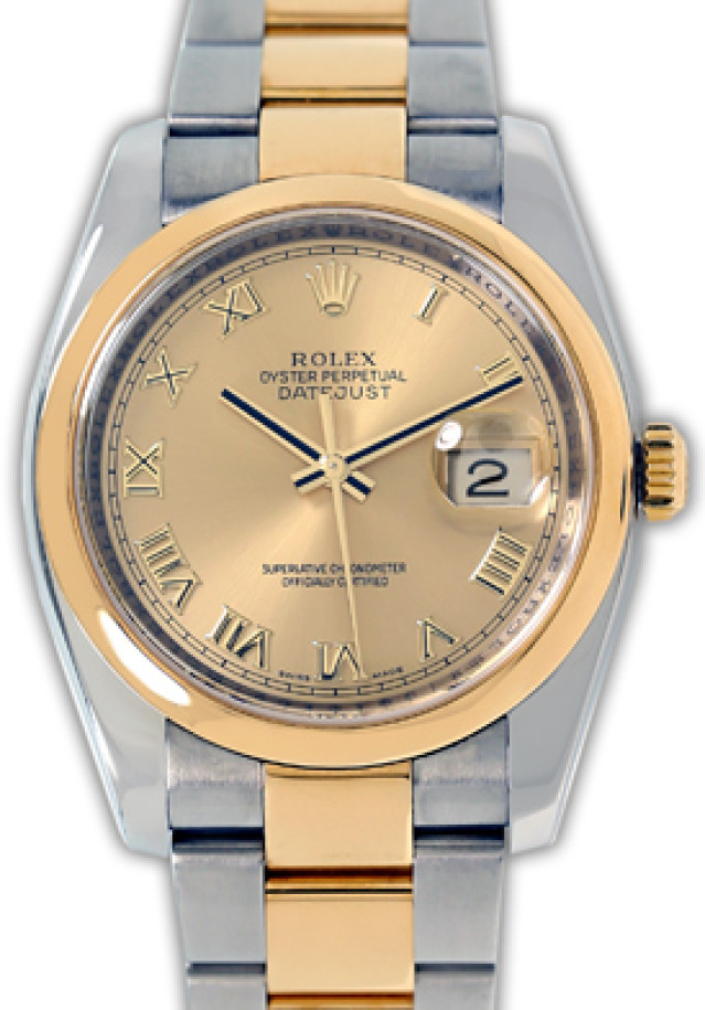 Rolex 116203 Yellow Gold & Steel on Oyster, Smooth Bezel Champagne with Gold Roman