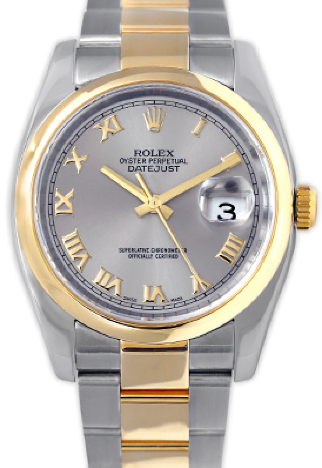 Rolex 116203 Yellow Gold & Steel on Oyster, Smooth Bezel Dark Grey with Gold Roman