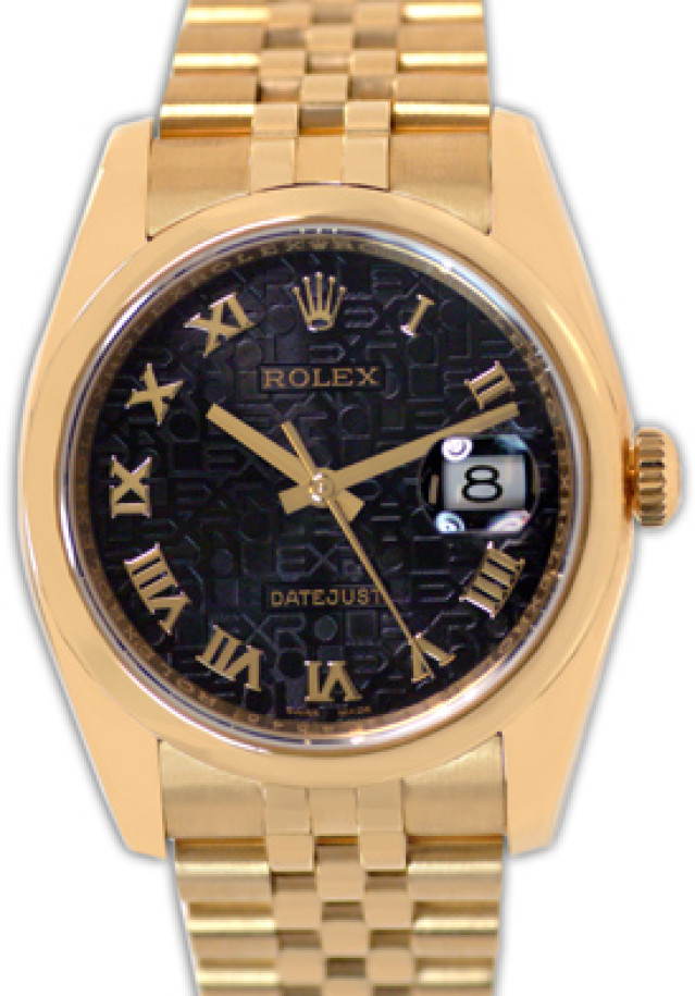 Rolex 116208 Yellow Gold on Jubilee, Smooth Bezel Black Jubilee with Gold Roman