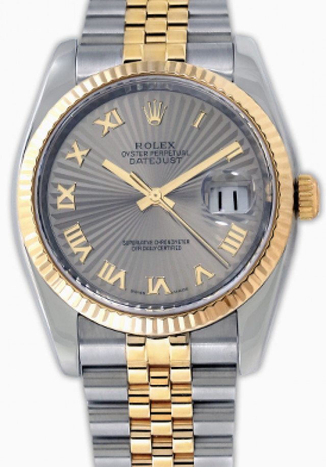 Rolex 116233 Yellow Gold & Steel on Jubilee, Fluted Bezel Slate Sunbeam with Gold Roman