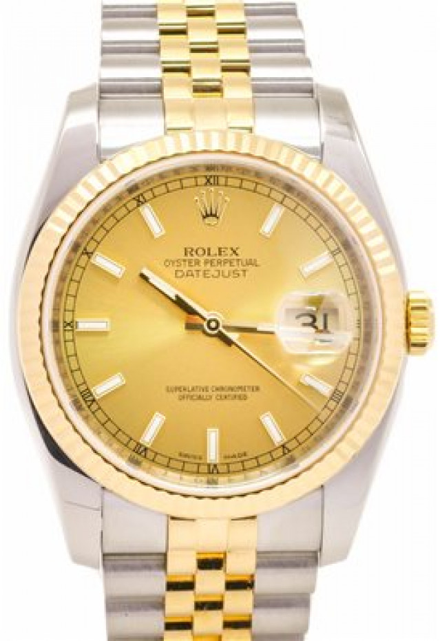 Rolex 116233 Yellow Gold & Steel on Jubilee, Fluted Bezel Champagne with Luminous Index On Gold
