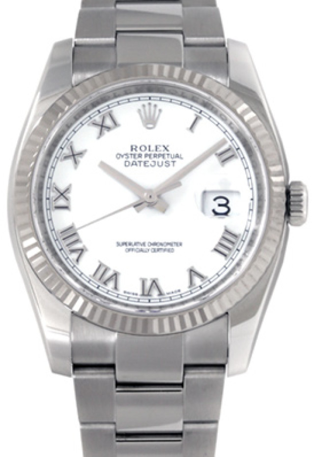 Rolex 116234 White Gold & Steel on Oyster White with Silver Roman