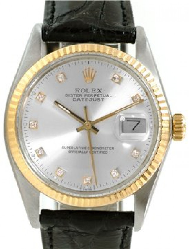 Rolex 16013 Yellow Gold & Steel on Strap, Fluted Bezel Steel Diamond Dial