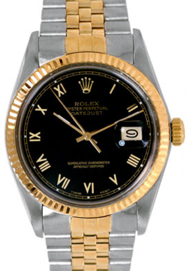 Rolex 16013 Yellow Gold & Steel on Jubilee, Fluted Bezel Black with Gold Roman