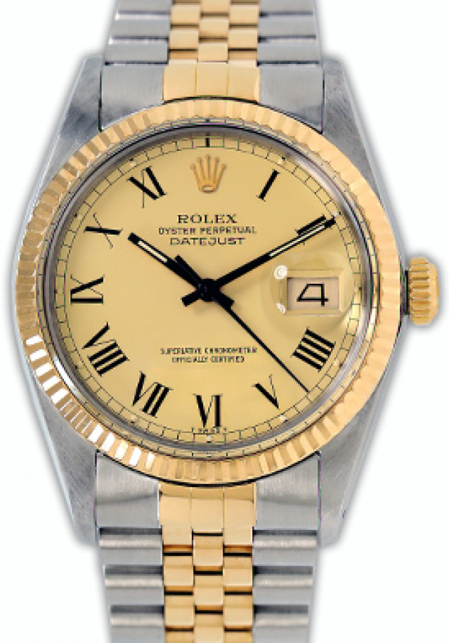 Rolex 16013 Yellow Gold & Steel on Jubilee, Fluted Bezel Champagne with Black Roman