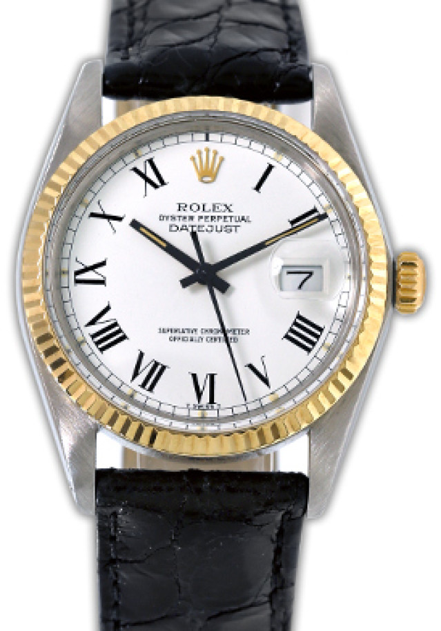 Rolex 16013 Yellow Gold & Steel on Strap, Fluted Bezel White with Black Roman