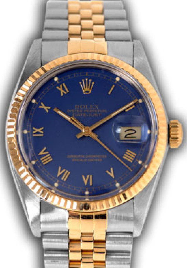Rolex 16013 Yellow Gold & Steel on Jubilee, Fluted Bezel Blue with Gold Roman