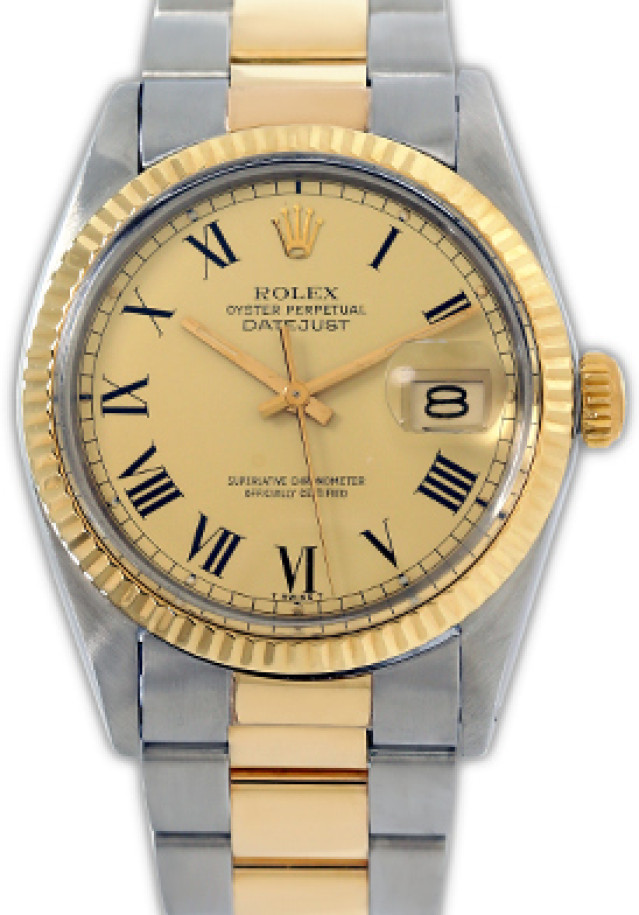 Rolex 16013 Yellow Gold & Steel on Oyster, Fluted Bezel Champagne with Black Roman