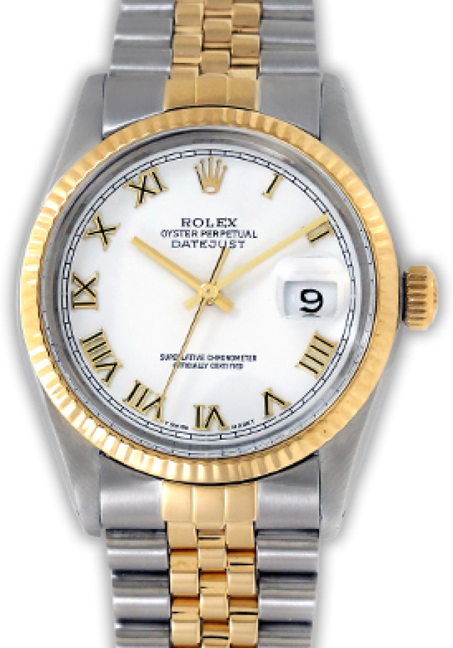 Rolex 16013 Yellow Gold & Steel on Jubilee, Fluted Bezel White with Roman