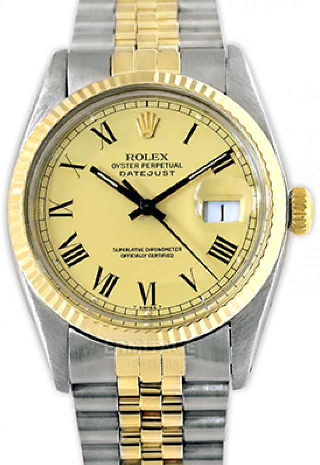 Rolex 16013 Yellow Gold & Steel on Oyster, Fluted Bezel Champagne with Gold Roman
