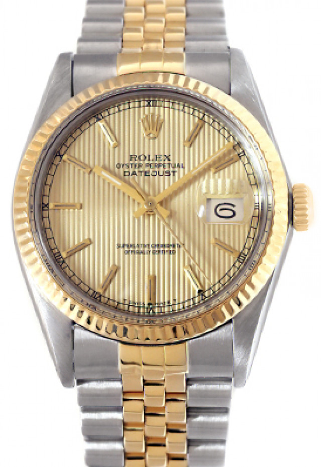 Rolex 16013 Yellow Gold & Steel on Jubilee, Fluted Bezel Champagne Tapestry with Gold Index