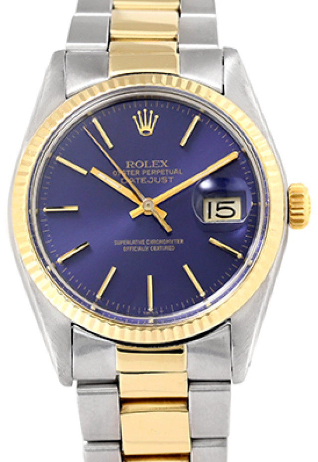 Rolex 16013 Yellow Gold & Steel on Oyster, Fluted Bezel Blue with Gold Index