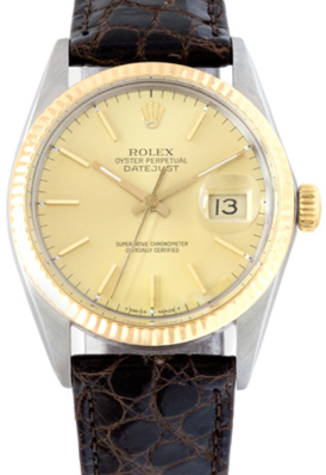 Rolex 16013 Yellow Gold & Steel on Strap, Fluted Bezel Champagne with Gold Index