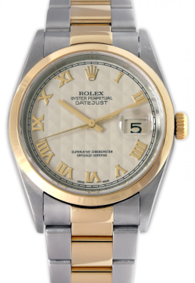 Rolex 16203 Yellow Gold & Steel on Oyster, Fluted Bezel Ivory Pyramid with Gold Roman