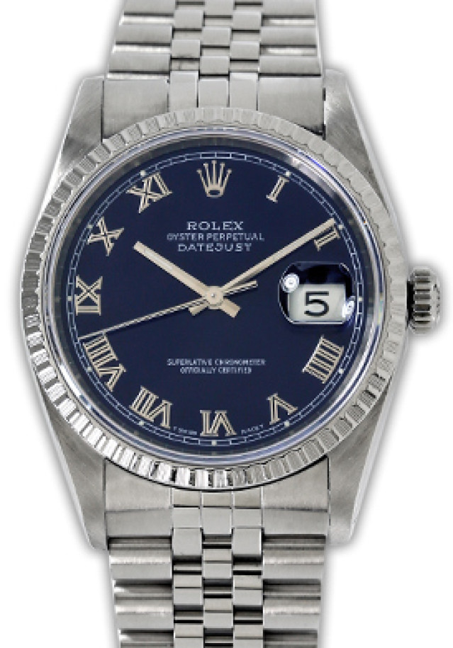Rolex 16220 Steel on Jubilee, Finely Engine Turned Bezel Blue with Silver Roman